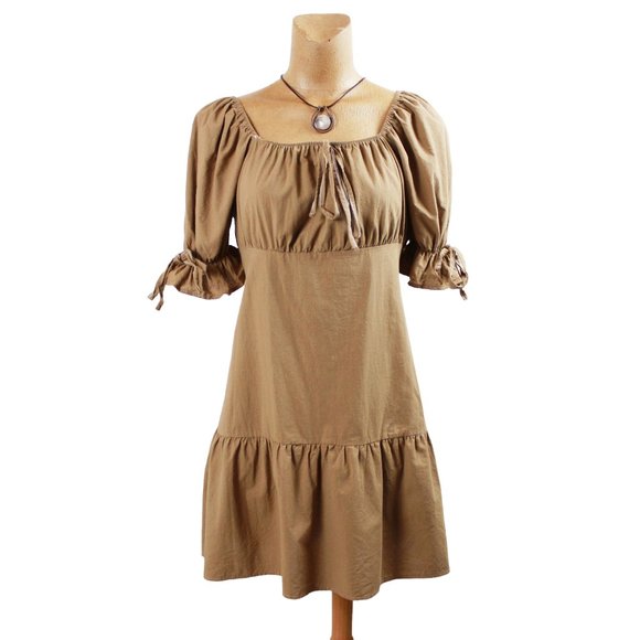 Camel Puff Sleeve Square Neck Summer Dress - Picture 1 of 13
